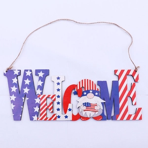 Patriotic July 4th wooden welcome sign with gnome design and American flag colors