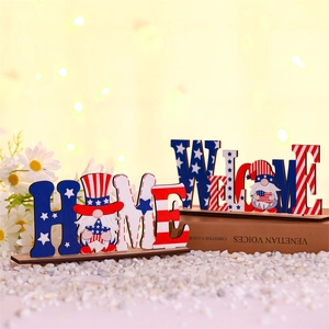 Independence Day wooden HOME and WELCOME signs with patriotic gnomes for table decor