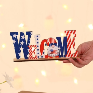 Patriotic wooden Welcome sign with gnome for USA Independence Day table decoration