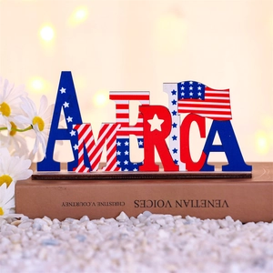Handcrafted wooden AMERICA letter decor with US flag patterns for patriotic desktop display