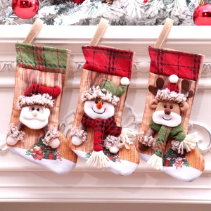 Christmas Stockings Santa Snowman Reindeer Holiday Gift Bags Linen Fabric Plaid Cuff Hanging Decoration