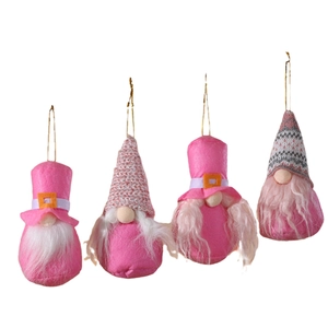 Set of 4 pink forest gnome plush ornaments with knit hats for Christmas tree decoration