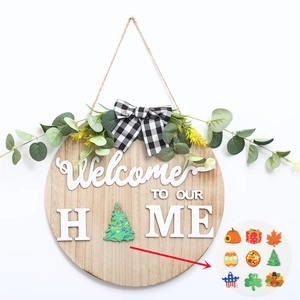 Panneau De Bienvenue Maison Accroche Porte En Bois Icônes De Fête Interchangeables Nœud À Carreaux Eucalyptus Artificiel