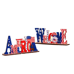 Independence Day wooden desk decor with America and Welcome gnome signs for home display