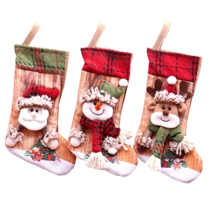 Set of 3 Christmas stockings with Santa, Snowman and Reindeer in linen and plaid