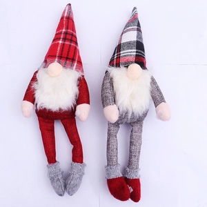 Pair of Scandinavian Christmas gnomes with long legs and plaid hats for wine bottle decor