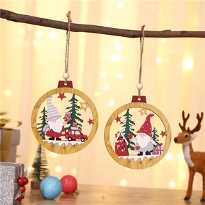 Round Wooden Christmas Tree Ornament With Gnome Santa Car Christmas Tree Laser Cut Wood Pendant For Xmas Party Home Decor