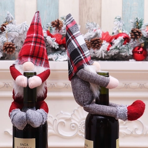 Christmas gnome wine bottle covers set with red plaid patterns and white beard decors