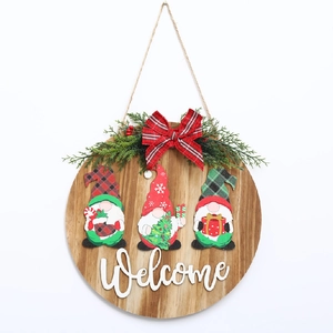 Christmas Welcome Sign Round Wooden Door Hanger Plaid Bow Gnomes Faux Pine Berries Rustic Farmhouse Holiday Decor