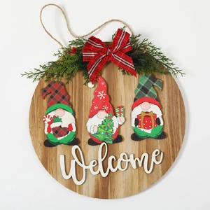 Christmas gnomes wooden welcome door sign with buffalo plaid bow and pine accents