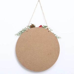 Back view of round wooden Christmas door sign with pine needles and plaid bow detail