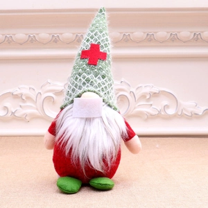 Nurse gnome plush with green knit hat and face mask for Christmas medical decoration