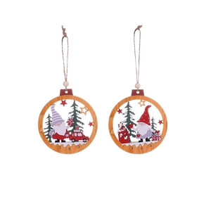Handcrafted wooden Christmas tree ornaments featuring Nordic gnome and red car designs