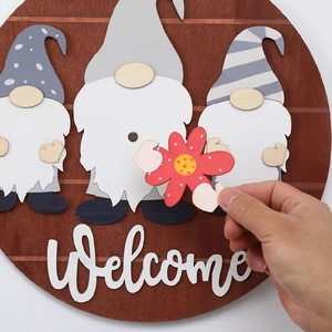 Interchangeable wooden welcome sign with gnome characters and seasonal DIY accessories