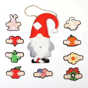Interchangeable wooden gnome door hanger with 10 seasonal holiday magnet accessories