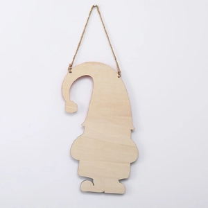 Close-up of laser-cut wooden Christmas gnome hanger with rustic jute twine string