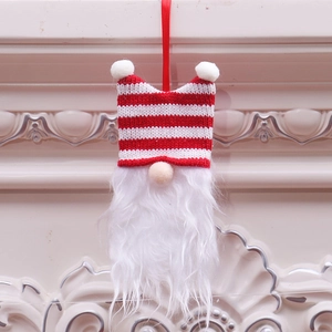 Handmade Christmas gnome hanging ornament with red striped knitting and white beard