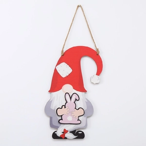 DIY interchangeable wooden gnome door hanger with bunny and red bow for Easter