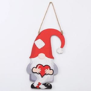 Detail of Christmas gnome wooden hanging decor with red heart and twine string loop