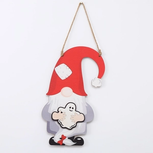 Wooden Halloween gnome hanging ornament with ghost and red hat on white background