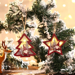 Christmas Tree Star Ornaments Wooden LED Light Up Gnome Santa Hanging Decorations For Xmas Party Home Decor