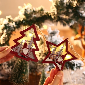 LED light up wooden Christmas ornaments with Santa Claus and forest motifs for tree decor