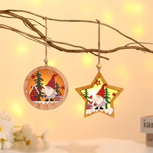 Illuminated Christmas wooden gnome hanging ornaments with warm LED lights and tree décor