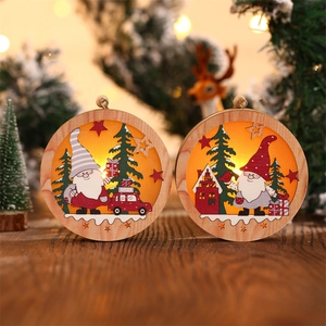 Close-up of wooden Christmas gnome ornaments with warm LED lighting on a festive tabletop