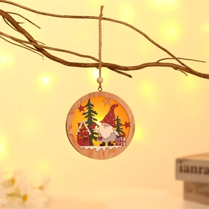 Close-up of lighted wooden Christmas gnome ornament hanging with rustic hemp rope