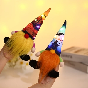 Lighted Halloween gnomes with LED hats and Happy Halloween prints for festive decor