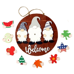 Round wooden welcome sign with interchangeable seasonal gnomes for holiday home decoration