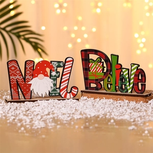 Wooden Christmas NOEL and Believe letter ornaments with gnomes and plaid patterns