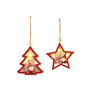 Lighted wooden Christmas tree and star ornaments with gnome motifs and hemp rope hangers