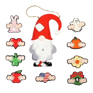 DIY wooden gnome door hanger with interchangeable seasonal icons for year-round holidays