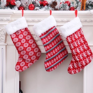 Large Knitted Christmas Stocking Red White Snowflake Striped Xmas Tree Pattern Plush Cuff Hanging Gift Bag Home Decor