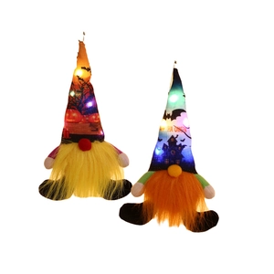 Set of two glowing Halloween gnomes with LED lights and festive patterned tall hats