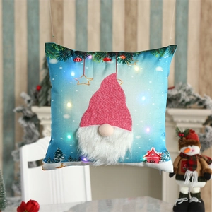 LED light-up Christmas gnome pillow cover in sky blue with 3D beard and cozy home decor