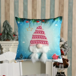 Christmas blue pillow cover featuring a 3D gnome design with red hat and faux fur beard