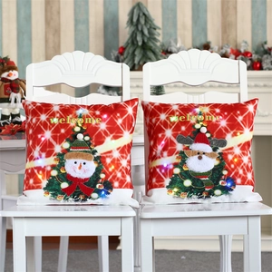 Christmas LED Light Up Pillowcase Faux Linen Snowman Reindeer Print Red Holiday Decor Welcome Design