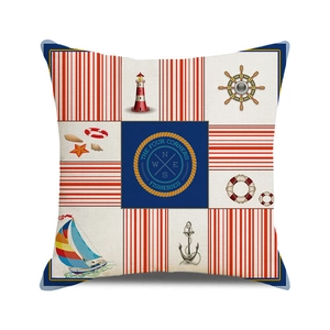 Watercolor nautical cushion cover featuring anchors and lighthouses on striped patterns