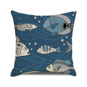 Deep blue nautical cushion cover with artistic hand-painted fish on cotton linen fabric