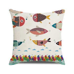 Close-up of square cotton-linen pillowcase featuring colorful cartoon fish and bubbles