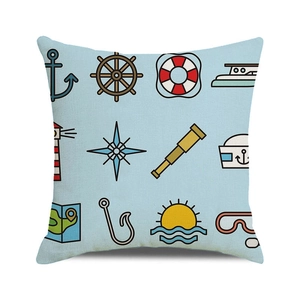 Close-up of nautical watercolor patterns and linen fabric texture on light blue cushion cover