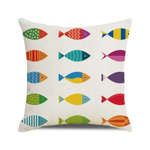 Detail of square cotton linen cushion cover with colorful cartoon fish pattern texture