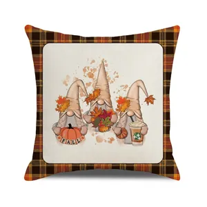 Detail of fall dwarf pillowcase with orange plaid border and linen texture finish