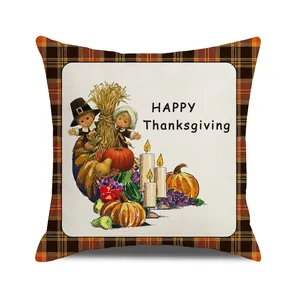 Macro detail of Happy Thanksgiving gnome pillowcase with orange checkered borders