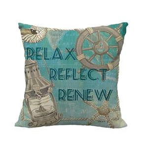 Vintage nautical throw pillow cover with lantern, starfish, and blue map pattern