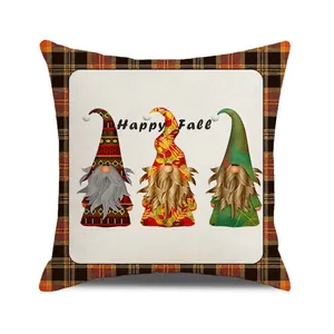 Detail of fall gnome pillowcase with orange plaid borders and Happy Fall text print