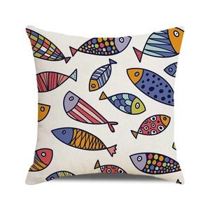 Detail of colorful watercolor shark fish pattern on cotton linen square cushion cover