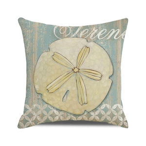 Detail of nautical cushion cover featuring sea dollar sand dollar print on linen texture